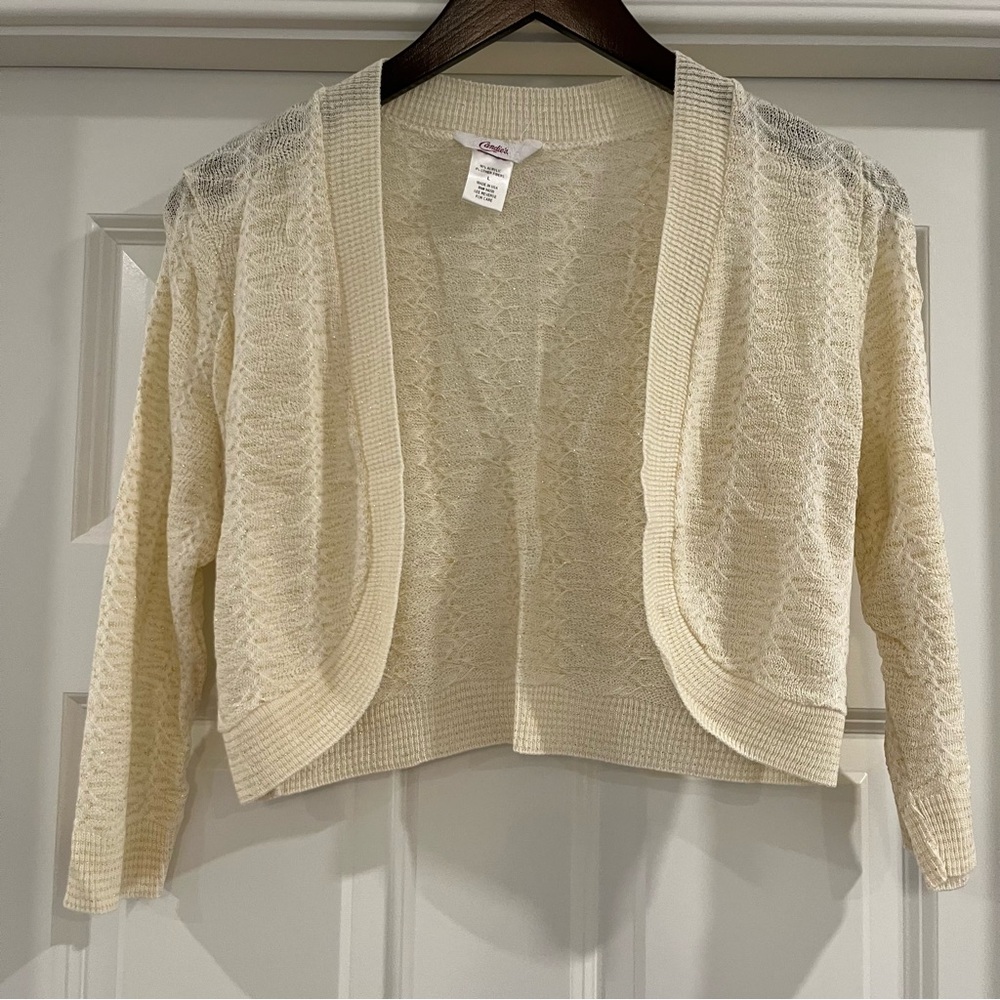 Candie's Gold & Cream Open-Front Knit Shrug